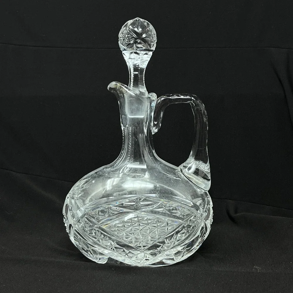 Vintage Cut Glass Handled Cruet‎ Decanter with Stopper Starburst Diamond Pattern